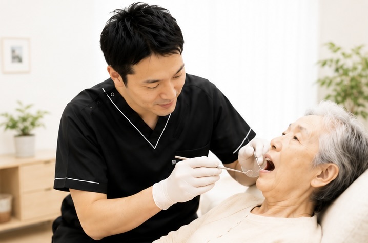 ご自宅で高齢の患者さんの歯を診察する歯科医師