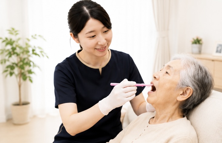 ご自宅で高齢の患者さんの口腔ケアを行う歯科衛生士