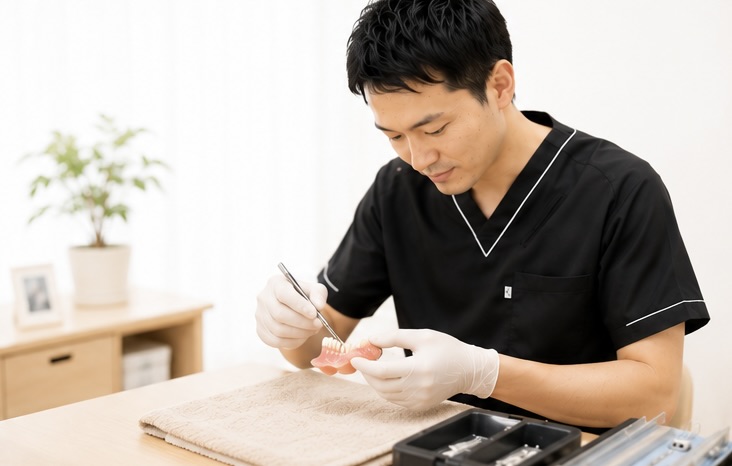 入れ歯の調整・修理を行う歯科医師